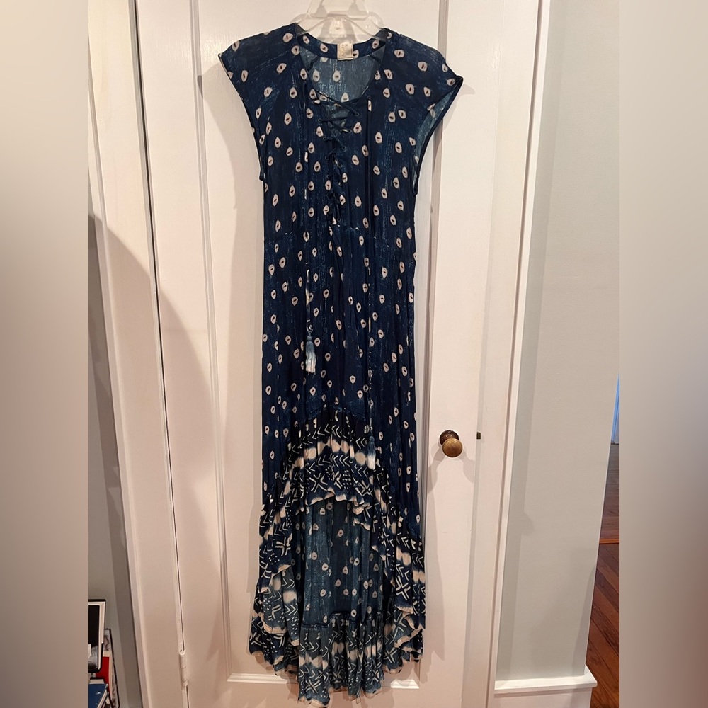 Jen Pirate Booty. XS full length dress. Blue Ikat Print.